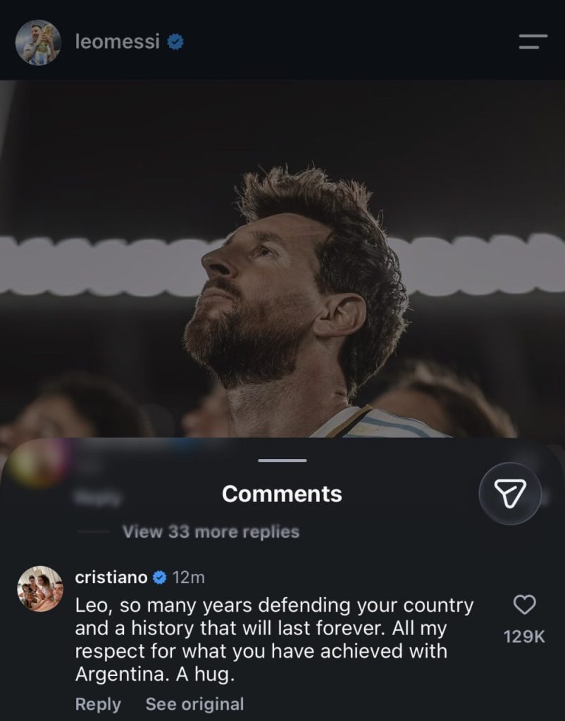 Ronaldo reacts to Messi's farewell match. PHOTO