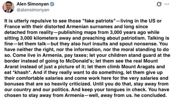 Armenia’s National Security Chief is Repulsed by ‘Fake Patriot’ Diasporans. Says they Should ‘Stay Away from Armenia’