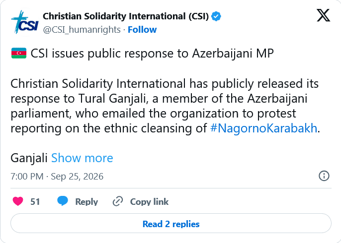 Christian Solidarity International: Immediate access to the 20 Armenian prisoners held in Baku