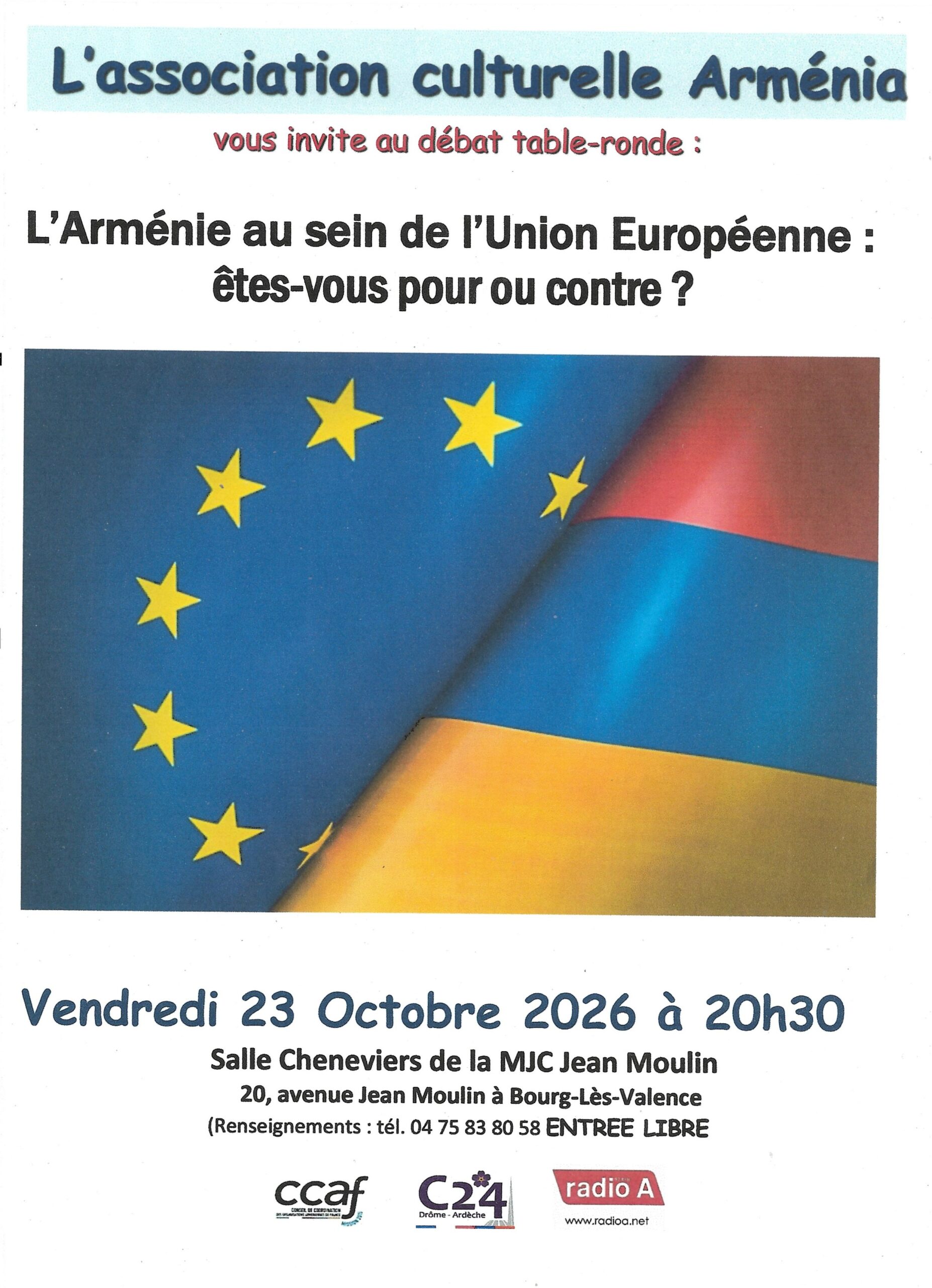 Bourg-lès-Valence ce vendredi : Débat « Arménia » sur « l’Arménie au sein de l’Union européenne : pour ou contre ? »