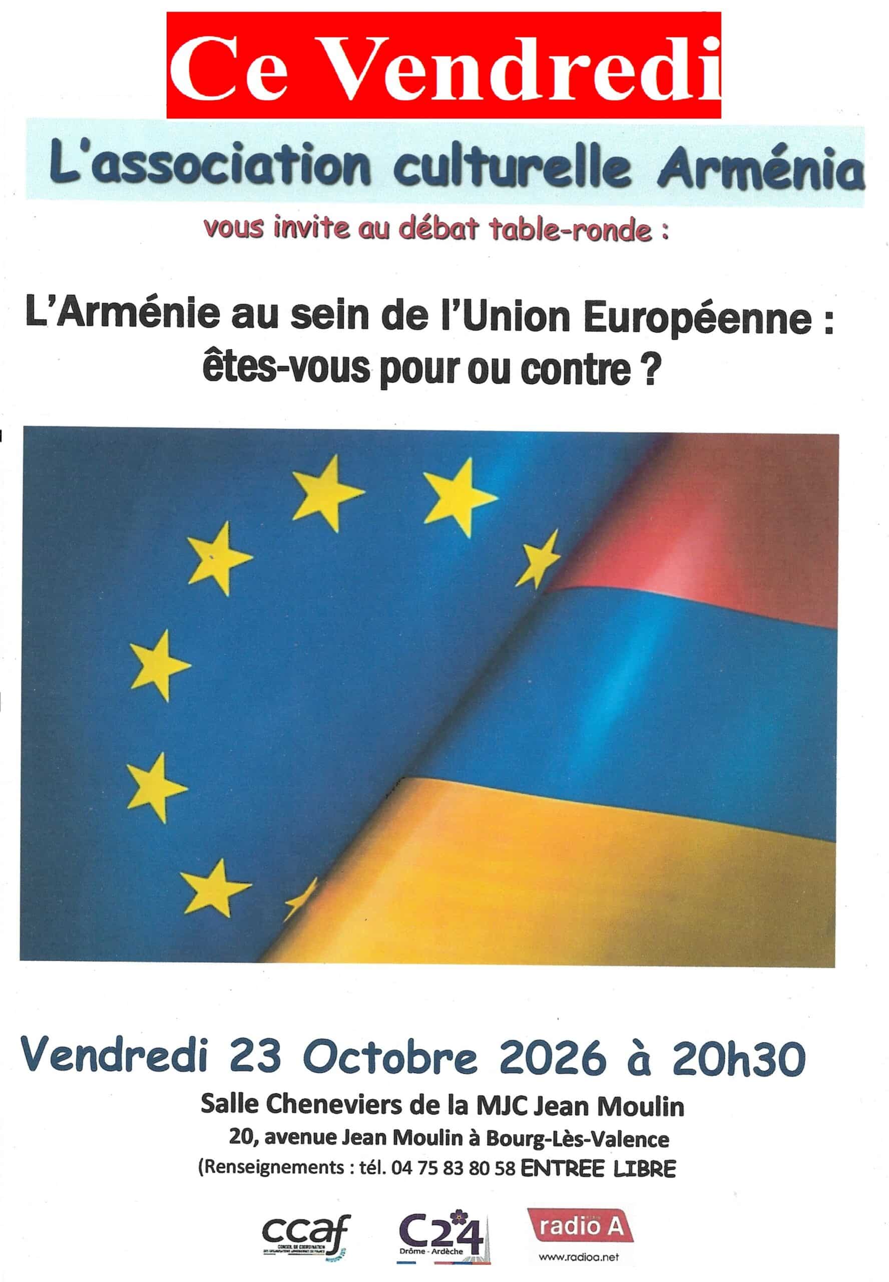 Débat « Arménia » ce vendredi soir à Bourg-lès-Valence sur « l’Arménie au sein de l’Union européenne : pour ou contre ? »