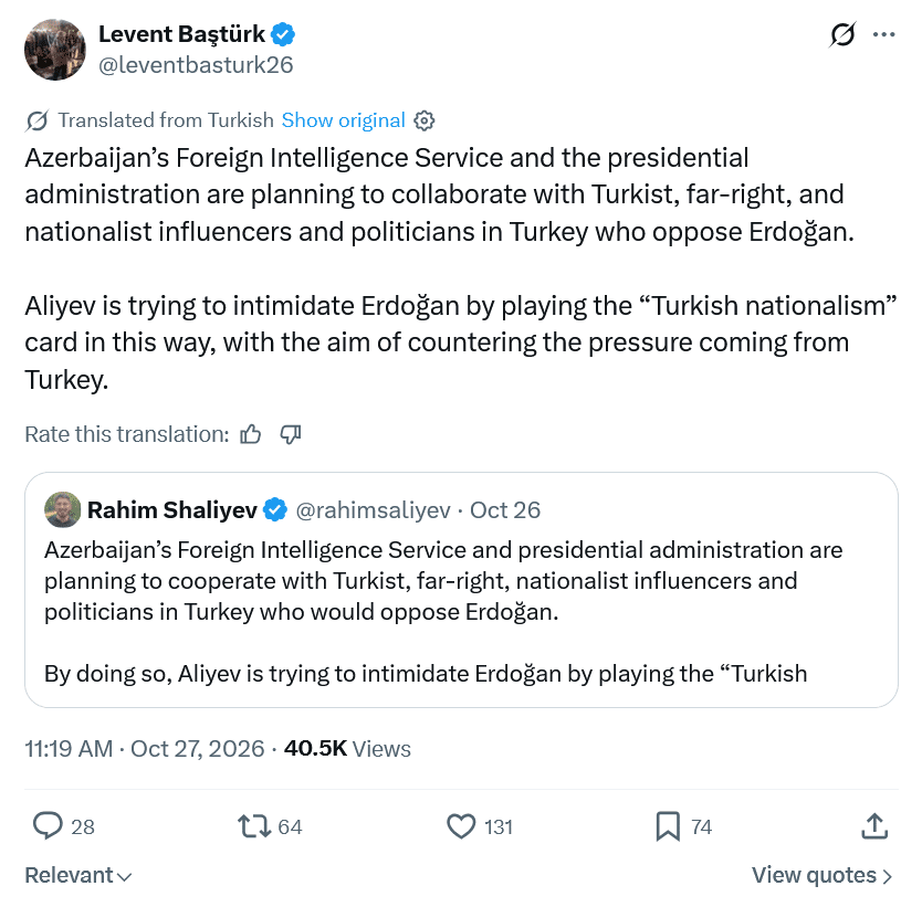 Levent Bastürk : Aliyev tente ainsi d’intimider Erdoğan