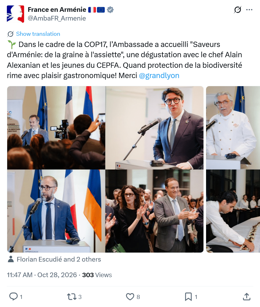 France en Arménie : l’Ambassade a accueilli « Saveurs d’Arménie: de la graine à l’assiette », une dégustation avec le chef Alain Alexanian