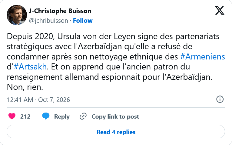 J.C. Buisson : on apprend que l’ancien patron du renseignement allemand espionnait pour l’Azerbaïdjan.