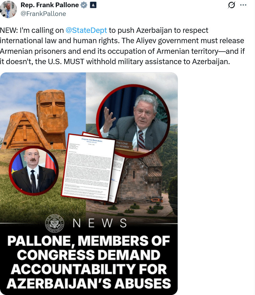 Franck Pallone : Le gouvernement Aliyev doit libérer les prisonniers arméniens et mettre fin à son occupation du territoire arménien