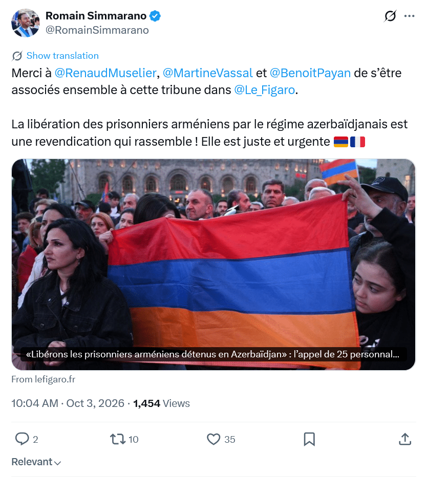 Romain Simmarano: The release of Armenian prisoners by the Azerbaijani regime is a just and urgent demand.