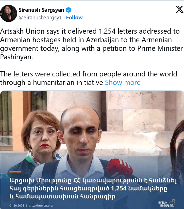 Siranush Sargsyan: The Artsakh Union announced that it delivered 1,254 letters addressed to Armenian hostages held in Azerbaijan to the Armenian government today.