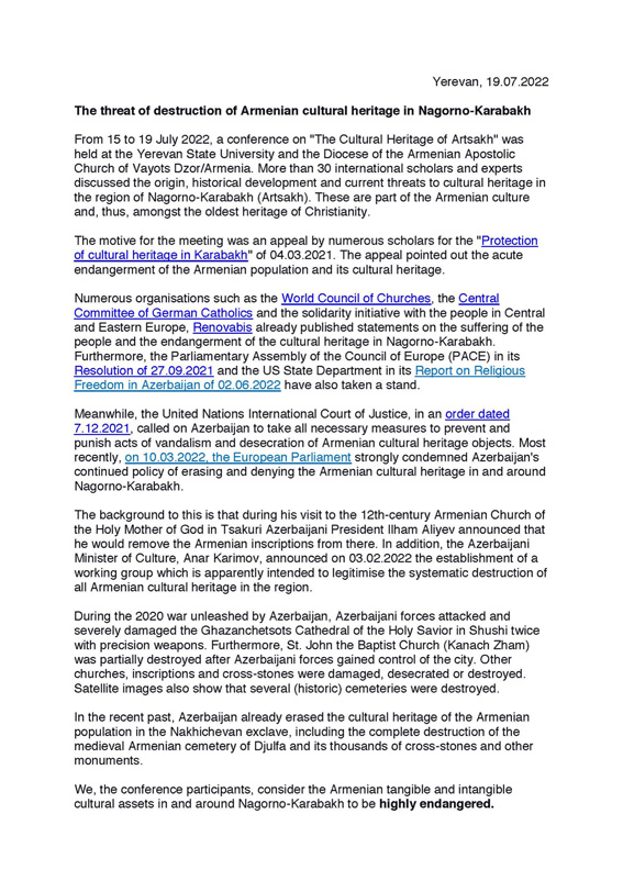 The threat of destruction of Armenian cultural heritage in Nagorno-Karabakh